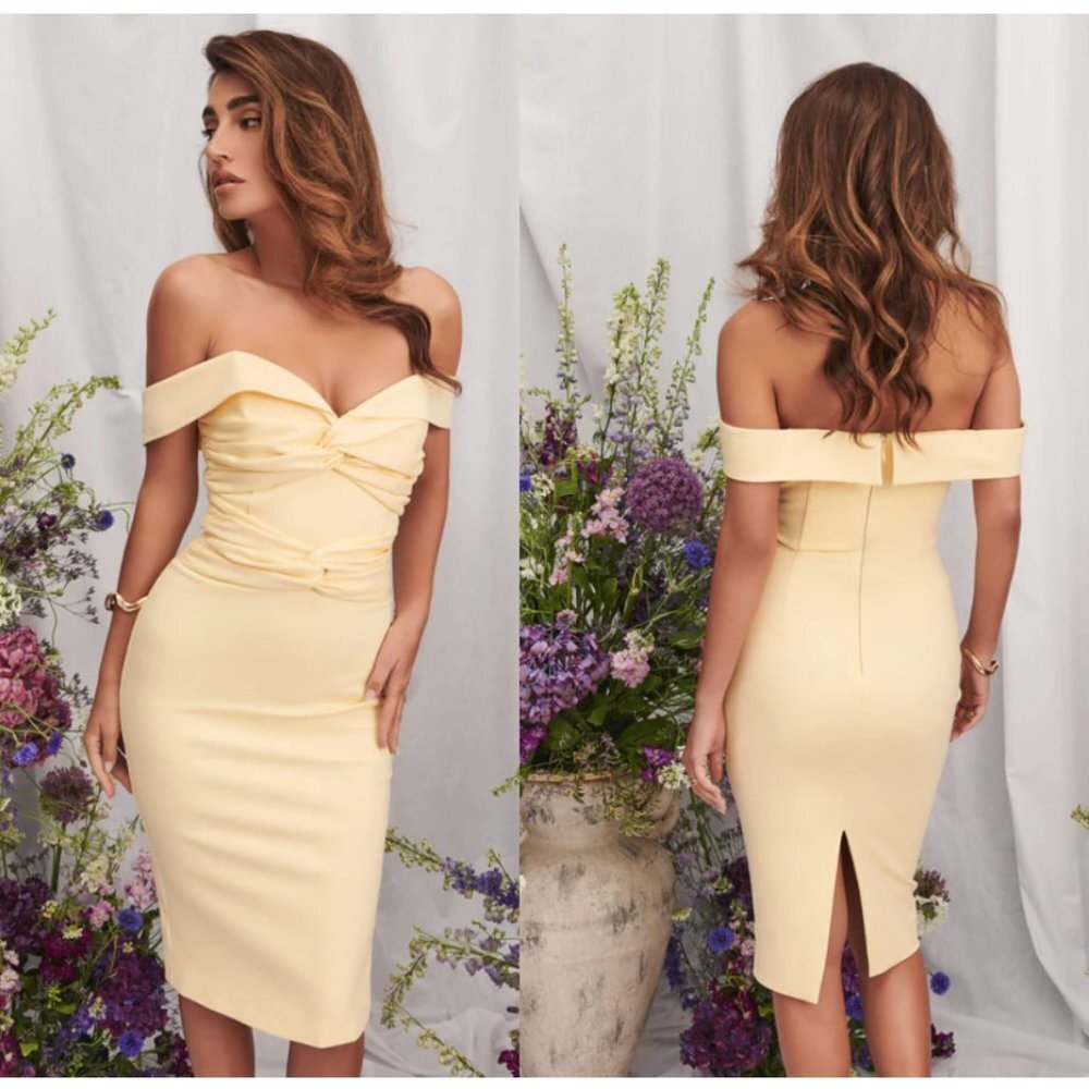 LAVISH ALICE Claire Off-The-Shoulder Twist Midi-Dress in Butter Size US 12
